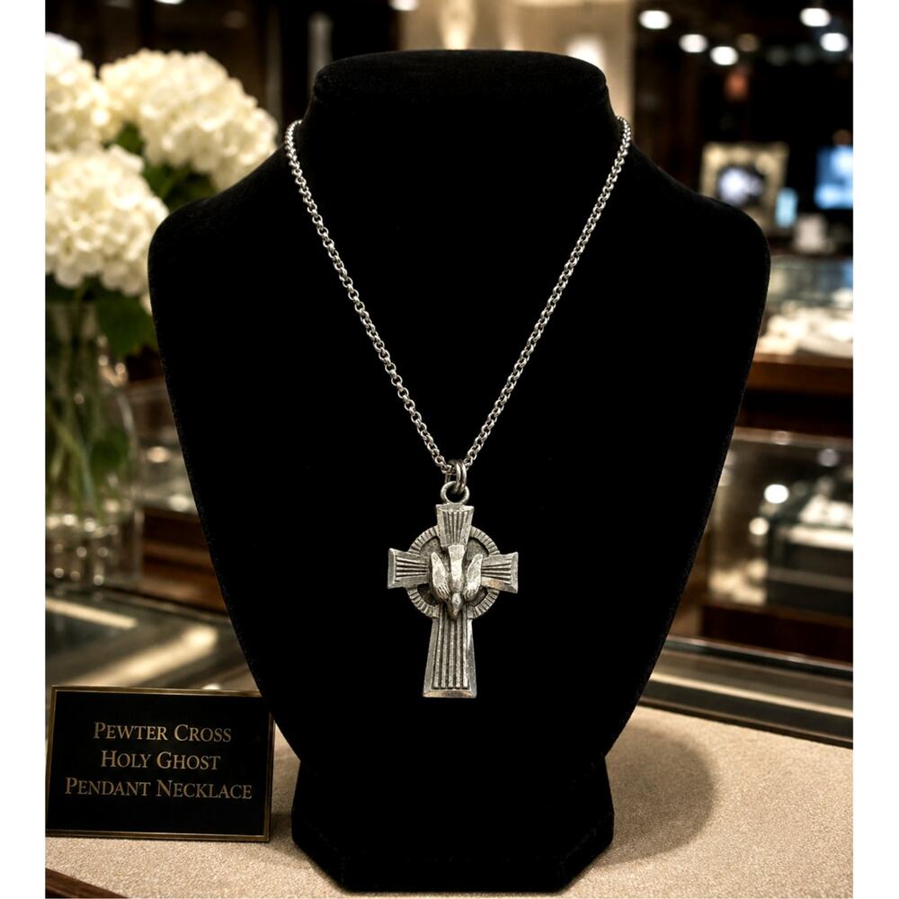 Vintage Pewter Catholic Holy Spirit Confirmation Cross Pendant Necklace